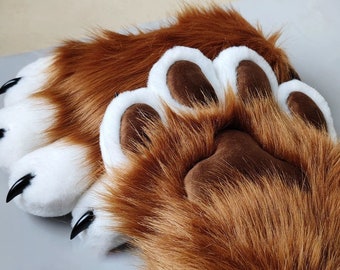 Brown Furrysuit Cosplay Paws With Claws, Bear Furry Fluffy Paws With Nails, Brown Fursuit Kemono Paws