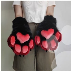 Black Furrysuit Cosplay Paws With Claws, Black Furry Fluffy Paws With Nails, Black Fursuit Kemono Paws