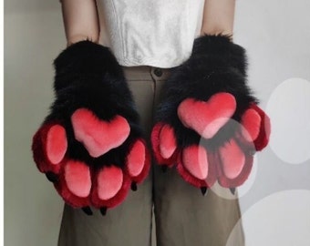 Black Furrysuit Cosplay Paws With Claws, Black Furry Fluffy Paws With Nails, Black Fursuit Kemono Paws