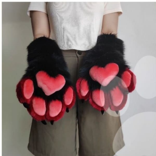 Black Furrysuit Cosplay Paws With Claws, Black Furry Fluffy Paws With Nails, Black Fursuit Kemono Paws