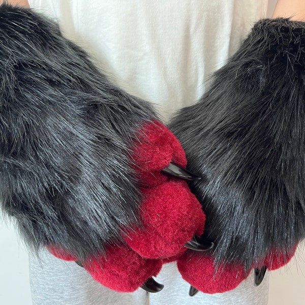 Black Red Puffy Furrysuit Cat Paws With Claws, Black Wolf Furry Paws With Nails, Fursuit Kemono Paws