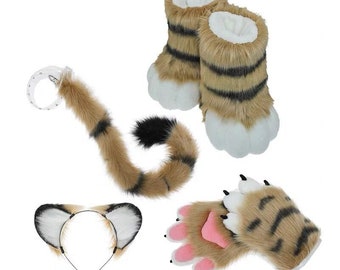 4PCS Tiger Cosplay Paws, Boots, Ears And Tail Set, Striped Furrysuit Paws, Feet, Ears And Tail Set For Costume