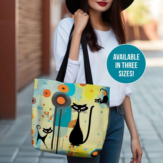 Cat Tote Bag Grocery Shopping Market Reusable Polyester Carrier Spacious Interior Pocket Handbag Vintage Feline Midcentury Atomic Retro