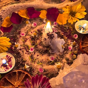 May include: A lit white candle surrounded by a spiral of pink salt, dried herbs, and flower petals. The arrangement includes a deer antler, yellow and purple flowers, two small tea light candles, a dried orange slice, and a clear quartz crystal.