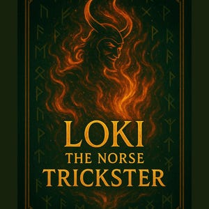 May include: A digital art print featuring Loki, the Norse trickster, depicted with fiery orange and yellow flames. The text "LOKI THE NORSE TRICKSTER" is in gold lettering against a dark green background with gold border and runes.