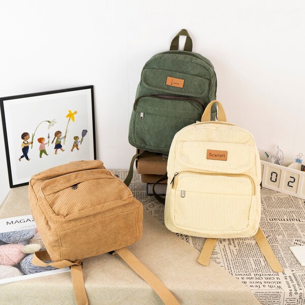 Personalize Corduroy Backpack for girls, Name School Backpack, Women Casual Minimalist Bag, Vintage Bag, Yellow Backpack Green Backpack