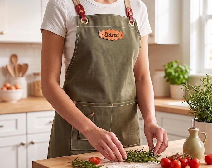 Personalized Canvas Apron for Women, Custom Name Kitchen Apron Gift for Her, Embroidered Chef Apron with Pocket