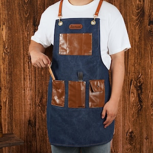 Personalized Canvas Apron, Custom Heavy Duty Chef Apron with 4 Leather Pockets and Strap for Men & Women, Kitchen, Barista and Gardening