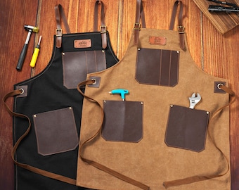 Personalized Canvas Apron for Men, Leather Pockets, Workshop Apron