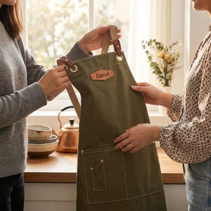 May include: An olive green canvas apron featuring a tan leather patch with the name Eldred embossed in brown. The apron includes tan fabric straps attached with brown leather tabs and brass-colored metal grommets, plus a large front pocket.
