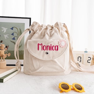 Personalized Canvas Kids Fanny Packs with Flower, Custom Mini Purse and Handbag for Little Girls, Toddlers Crossbody Bag with Name