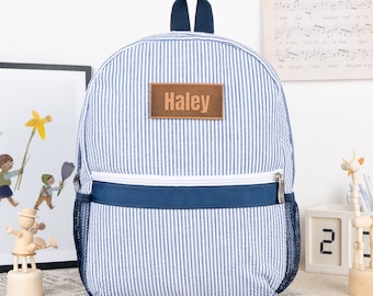 Personalized Seersucker Backpack: Kids Leather Name Backpack