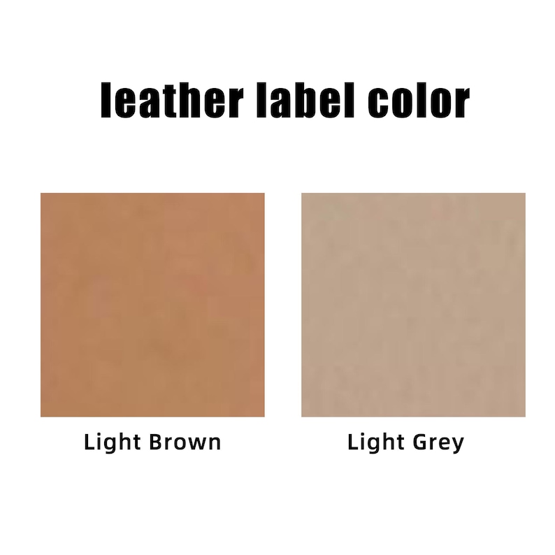 May include: A leather label color chart featuring the text leather label color at the top. Two square swatches are displayed side by side, with the left square labeled Light Brown and the right square labeled Light Grey below each respective color.