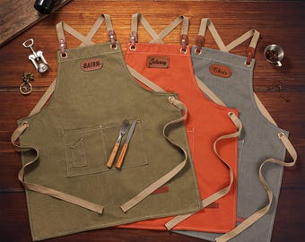 Personalized Canvas Apron with Leather Nameplate, Kitchen Apron for Women & Men, Chef, Gardening, Cooking