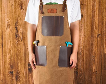 Personalized Canvas Apron with Leather Pockets: Woodworking, Chef, BBQ