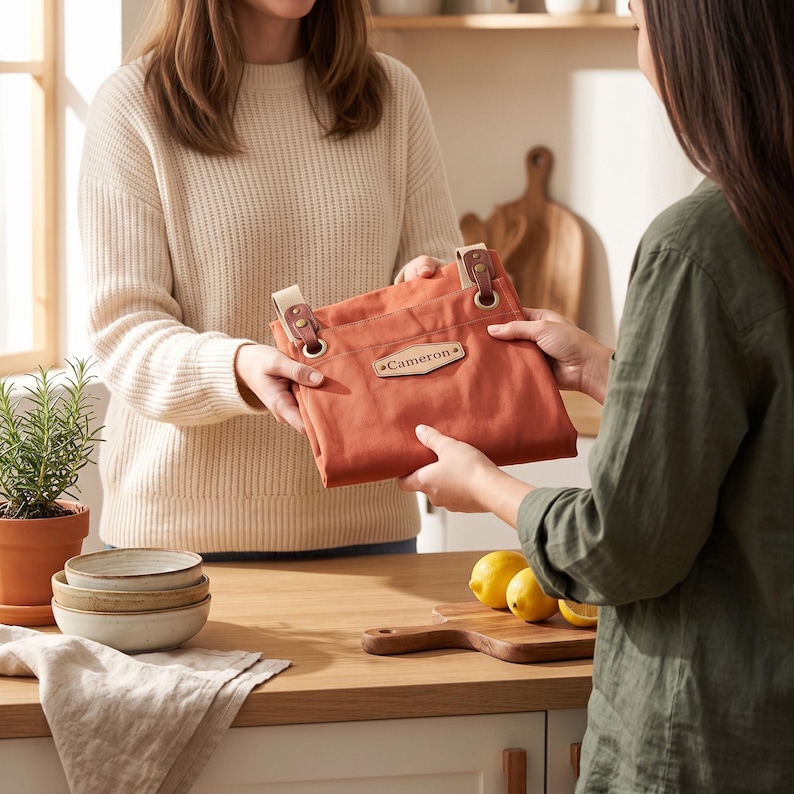 May include: A folded terracotta-colored canvas apron featuring a rectangular leather patch embossed with the name Cameron. The apron includes light-colored fabric straps secured with metallic brass-toned grommets and brown leather accents.