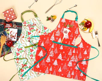 Personalized Christmas Parent Child Apron with Custom Name, Festive Baking Gift for Mom, Kid