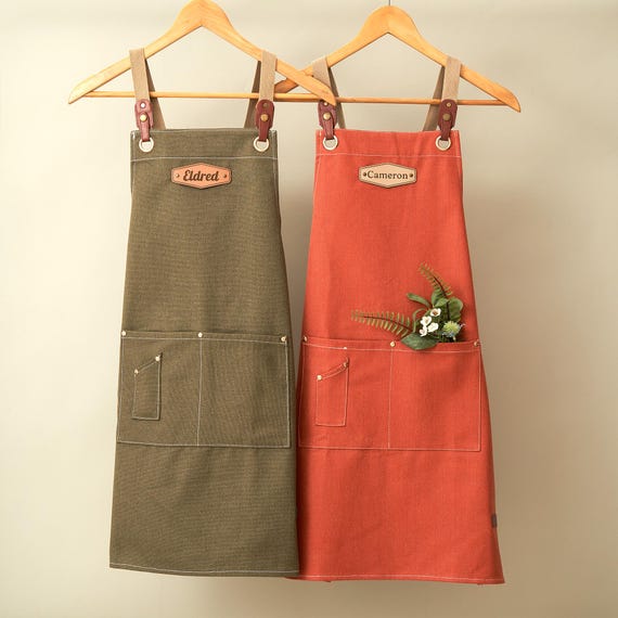 Personalized Canvas Apron for Men & Women, Custom PU Leather Name Label, Chef BBQ Gardening Barista Kitchen Gift
