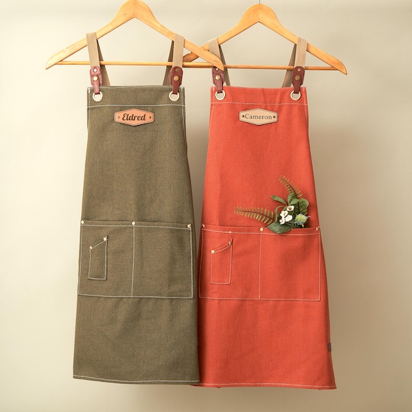Personalized Canvas Apron for Women for Kitchen Barista Gardening, Adjustable Straps, Leather Label