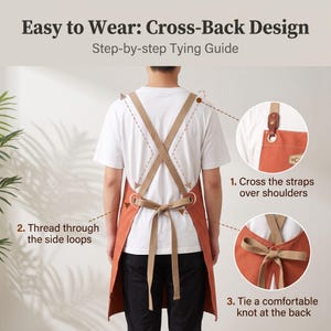 May include: An orange apron with tan straps featuring a cross-back design. Text reads: Easy to Wear: Cross-Back Design, Step-by-step Tying Guide, 1. Cross the straps over shoulders, 2. Thread through the side loops, 3. Tie a comfortable knot at the back.