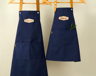 Personalized Canvas Apron Set, Custom Leather Label, Adult & Kid Sizes, Family Gardening Apron