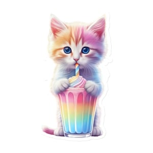 May include: A vibrant illustration of a kitten with blue eyes enjoying a rainbow milkshake. The kitten's fur is a blend of orange, pink, and white. The milkshake is served in a tall glass with a rainbow straw.