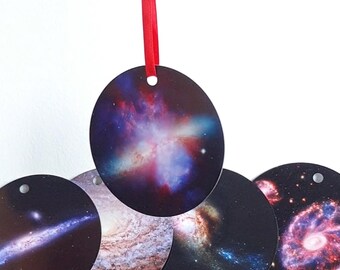 5 x Metal Disc Ornament Galaxy, Stars, Universe, Shatter/Scratch Proof, Christmas Decor