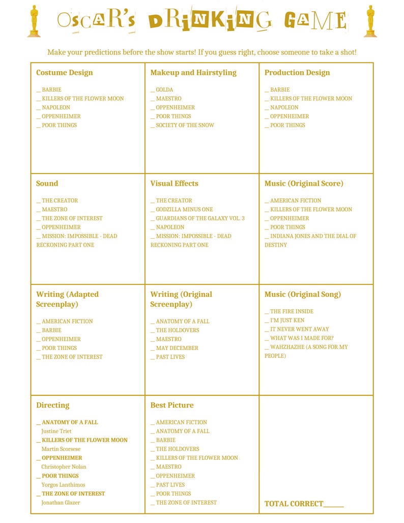2024 Oscars Drinking Game BUNDLE Etsy