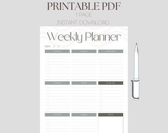 Weekly Organiser, Weekly Schedule, Weekly Planner Printable To Do List, Weekly Agenda, Week At a Glance, A4