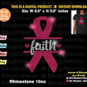 Instant Download Faith Rhinestone template svg, Pink Ribbon rhinestone svg for Cricut, Silhouette, Cancer Awareness Rhinestone svg cut file