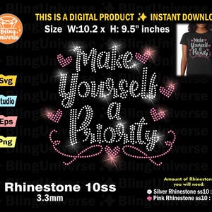 自分を優先するラインストーン テンプレート svg、インスピレーションを与えるメンタル ヘルス意識ラインストーン svg、Cricut、Cameo 用の即時ダウンロード