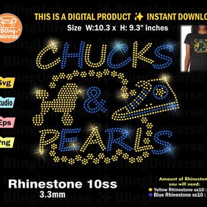 Pode incluir: Um design digital para um termocolante de strass com as palavras "Chuck's & Pearls" em strass amarelo e azul. O design tem 10,3 polegadas de largura e 9,3 polegadas de altura. O design requer 825 strass amarelos e 420 strass azuis.