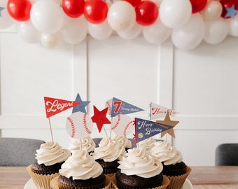 Baseball Birthday Party Printables, Pennant Flags, Cupcake Toppers (Digital Download)
