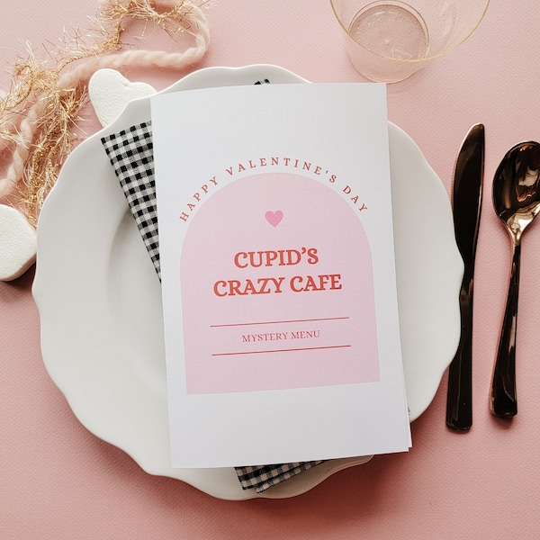 RED PINK Valentine's Mystery Dinner, Cupid's Crazy Cafe, Printable Valentine Menu, Family Dinner Menu, Cupid's Cuisine, Silly Dinner Menu