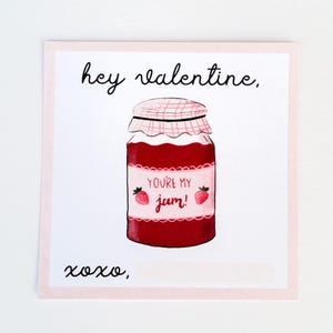 Mermelada de fresa para San Valentín, imprimible de frutas para San Valentín, etiqueta para golosinas, tarjeta de San Valentín para niñas en el aula de preadolescentes, obsequio de fiesta de fresa