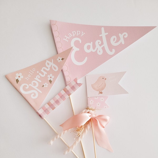 Easter Pennant Flags, Spring PRINTABLE Flags, Easter Decorations, Happy Easter Bunting, Kids Easter Wand, Easter Photo Prop, Hello Spring