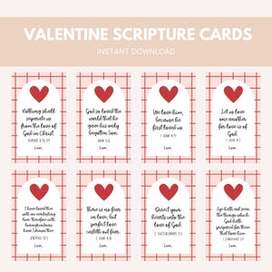May include: Eight printable Valentine's Day cards with red hearts and scripture verses about love. The cards have a pink and white checkered background.