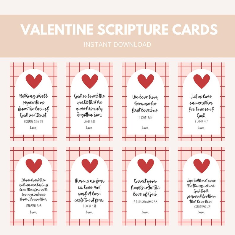 May include: Eight printable Valentine's Day cards with red hearts and scripture verses about love. The cards have a pink and white checkered background.