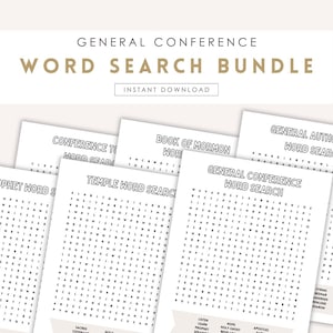 Könnte beinhalten: Ein druckbares Wortsuchrätsel-Paket zu den Themen Generalkonferenz, Tempel, Book of Mormon und Propheten. Die Wortsuchrätsel sind in Schwarzweiß gehalten und enthalten eine Vielzahl von Wörtern zu jedem Thema.