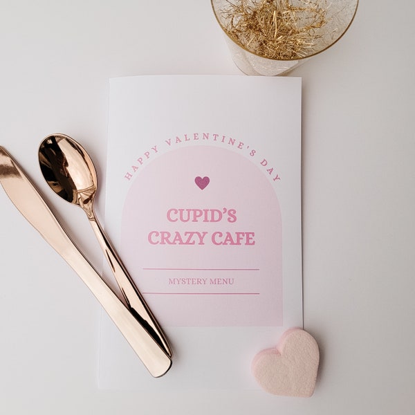 PINK PURPLE Cupid's Crazy Cafe, Valentine's Dinner Menu, Printable Cupids Cafe Menu, Family Dinner Menu, Cupid's Cuisine, Silly Dinner