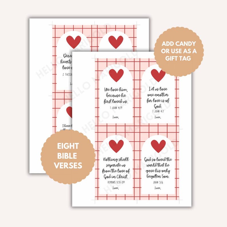 May include: Printable Valentine's Day gift tags with eight different Bible verses about love. Each tag features a red heart and a white background with red grid lines. The text "ADD CANDY OR USE AS A GIFT TAG" is at the top of the page.