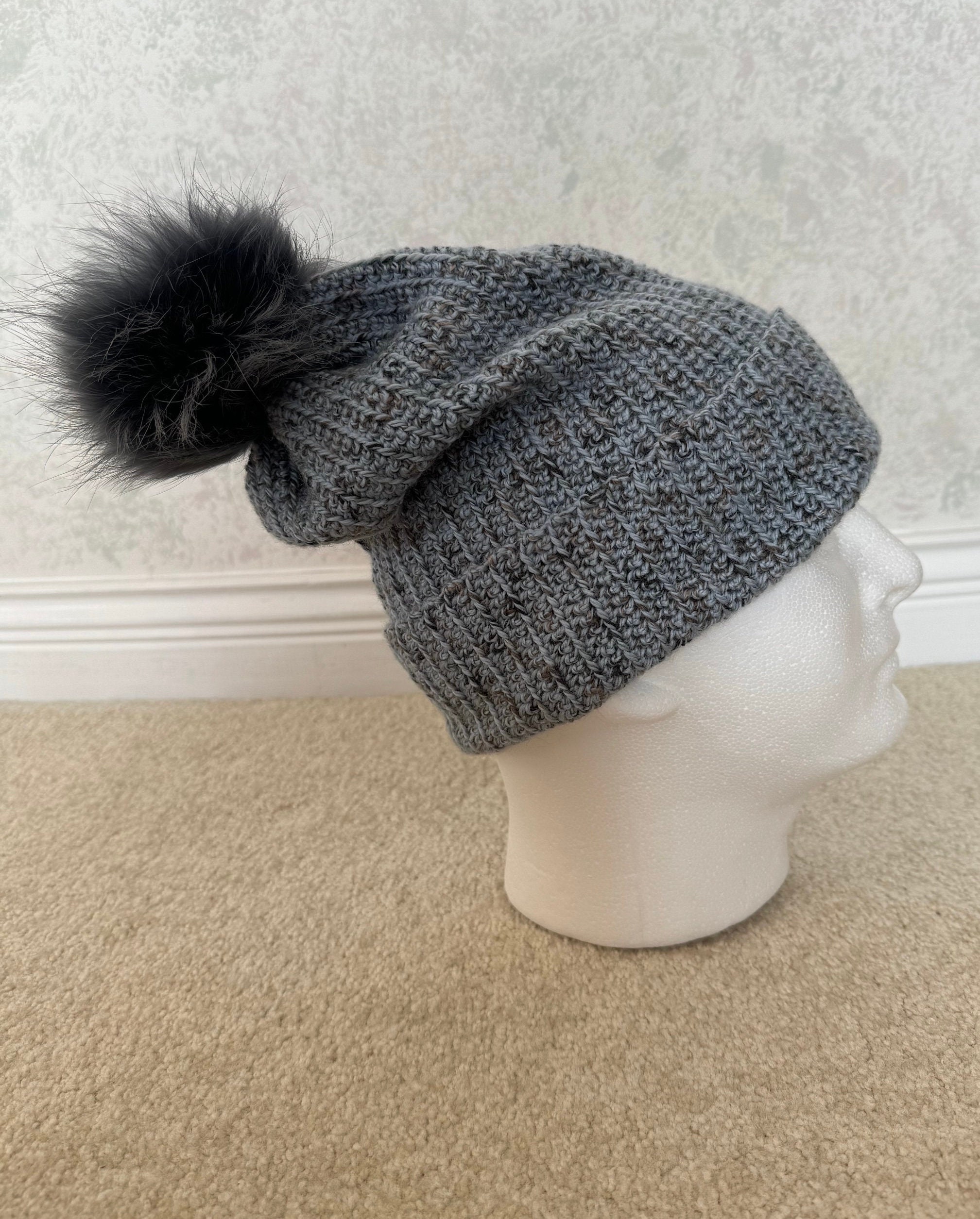 NWT Women Fox Fur-Trim & Sequin Knit Grey Pom-Pom Beanie Knit Bow Beanie with Fox Pom – Surell Accessories main image 3