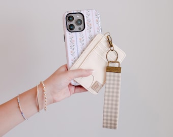 Faux Leather Card Holder Keychain Wallet with Floral Wrist Lanyard