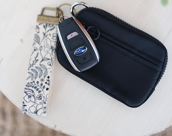 Floral Wristlet Keychain Wallet with ID Window, Zippered Card Holder