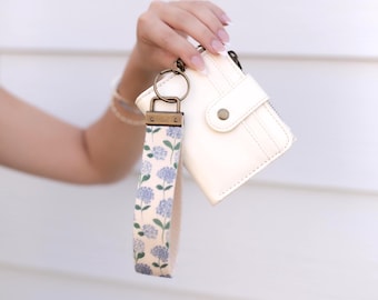 Faux Leather Bifold Keychain Wallet with Wrist Lanyard, Compact Card Holder
