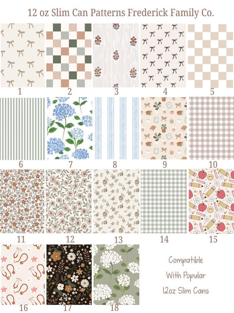 May include: A collection of 18 different 12 oz slim can patterns. Designs include bows, checks, stripes, floral, and other patterns in various colors. The text at the top reads "12 oz Slim Can Patterns Frederick Family Co."
