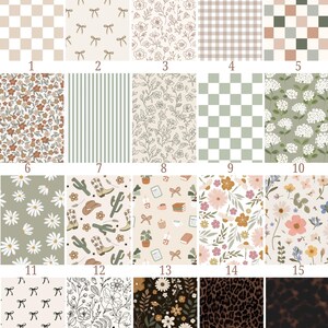 Puede incluir: Una colecci&oacute;n de 20 patrones de tela, incluyendo dise&ntilde;os a cuadros, florales, a rayas y de lazos. La paleta de colores incluye tonos neutros, verdes y marrones. El texto "Patterns Frederick Family Co." est&aacute; en la parte superior.