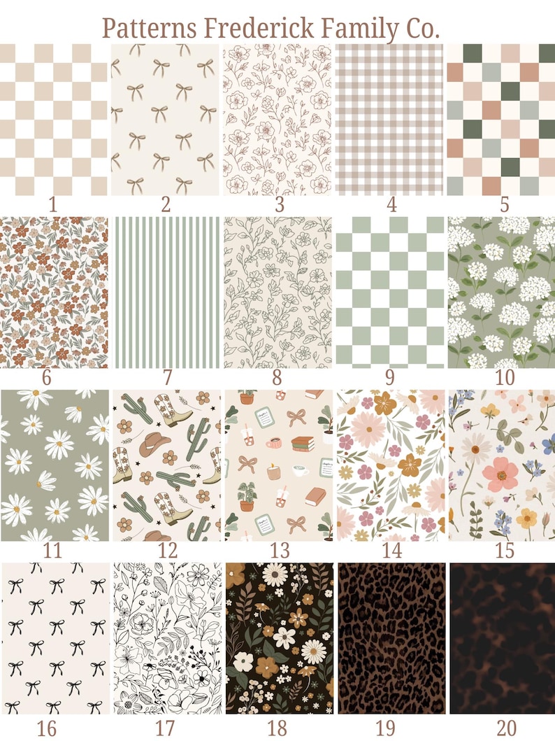Puede incluir: Una colecci&oacute;n de 20 patrones de tela, incluyendo dise&ntilde;os a cuadros, florales, a rayas y de lazos. La paleta de colores incluye tonos neutros, verdes y marrones. El texto "Patterns Frederick Family Co." est&aacute; en la parte superior.