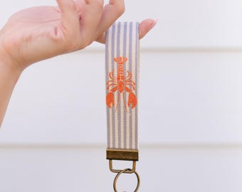 Lobster Canvas Wristlet Keychain – Striped Lanyard Wallet for Keys, Cards