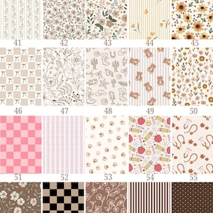 Puede incluir: Una colecci&oacute;n de patrones de tela con varios dise&ntilde;os. Los patrones incluyen estampados florales, a rayas, a cuadros y tem&aacute;ticos. La paleta de colores incluye beige, rosa, marr&oacute;n y negro. El texto "Patterns Frederick Family Co." est&aacute; en la parte superior.